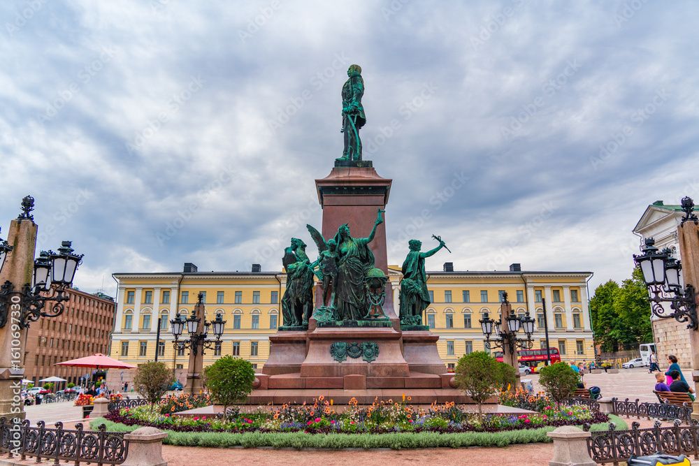 Fototapeta premium Statue of Alexander II, a monument at the Senate Square in front of the Helsinki Cathedral in Helsinki, Finland