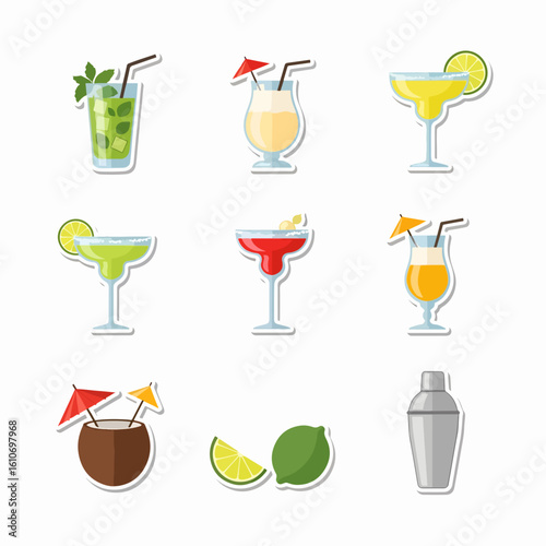 A colorful collection of tropical cocktail icons, including mojito, margarita, and piña colada, with garnishes and a shaker.