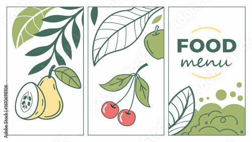 Food menu design with stylized fruits and leaves