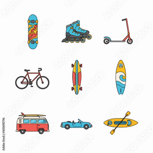 A colorful collection of recreational transport icons, including a skateboard, bicycle, scooter, surfboard, and camper van.