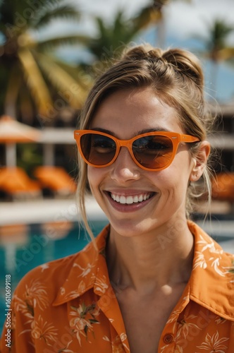 Close up of American with orange fancy vacation attire on a resort background, young woman smiling and looking somewhere