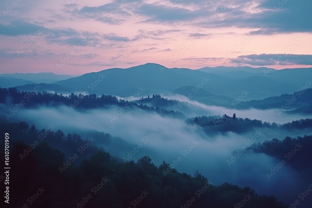 Fototapeta premium Captivating fog envelops the rolling hills of Tuscany at dawn, Beautiful fog covered landscape of Tuscany Italy at dawn
