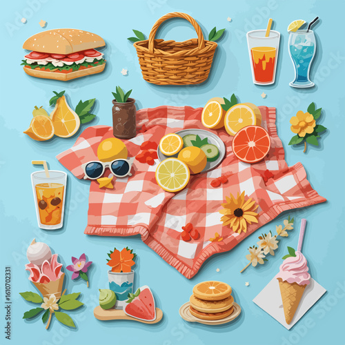 A vibrant and cheerful picnic spread featuring a classic hamburger, refreshing drinks, assorted fruits, flowers, and sweet treats arranged on a red and white checkered blanket.