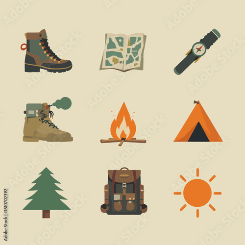 A collection of illustrated outdoor adventure and camping gear, including hiking boots, a map, compass, campfire, tent, backpack, pine tree, and sun.