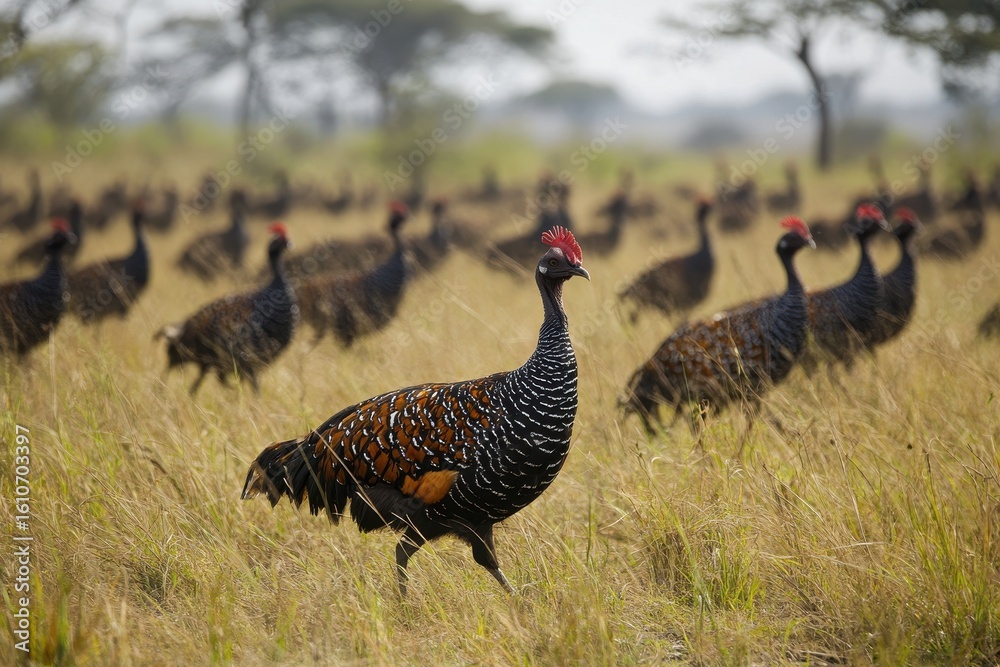 Vulturine guineafowl gather in large numbers across a vast grassy landscape during daytime, Hundreds of Vulturine Guineafowl are walking in the savannah Vulturine guineafowl gather in large numbers across a vast grassy landscape during daytime, Hundreds of Vulturine Guineafowl are walking in the savannah