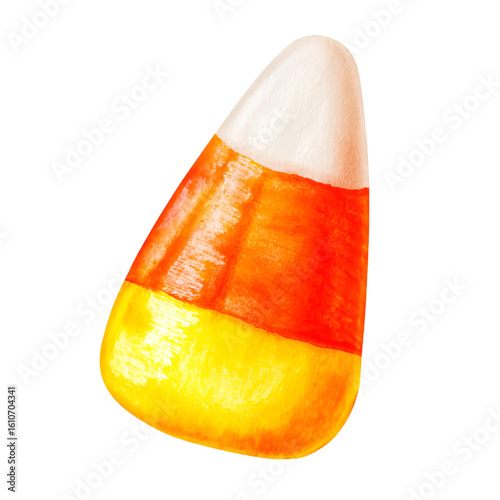 Candy Corn Delight: A close-up image of a solitary candy corn, its tricolor design and watercolor texture creating a whimsical and delicious vibe. A symbol of autumn treats!