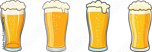 Set of cartoon beer isolated glasses filled with beer and topped with white foamy head