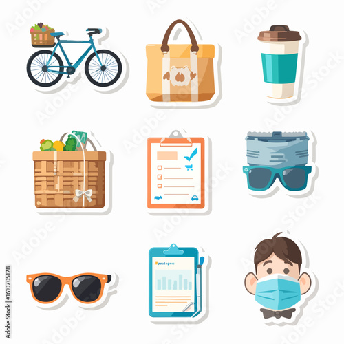 A vibrant set of nine flat design stickers featuring essential items for daily errands and leisure, such as a bicycle, tote bag, coffee cup, picnic basket, c...