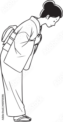 Elegant Japanese Woman Bowing Gracefully in Traditional Kimono a Study in Respect and Cultural Heritage Art