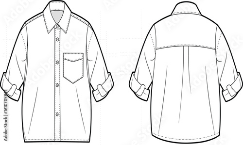 CAD drawing flat vector illustration of fashionable button-up shirt with rolled sleeves, detailed stitching, front and back technical views