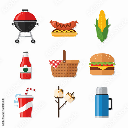 Flat-design icons depicting a summer barbecue feast, including grill, hot dog, corn, burger, ketchup, picnic basket, marshmallows, and drinks.