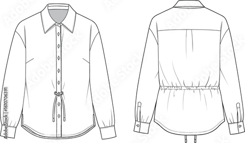 CAD drawing flat vector illustration, button-up shirt, front and back views, fashion design, drawstring waist, apparel technical sketch