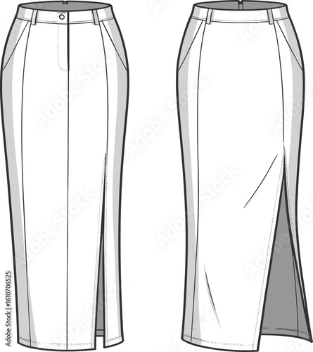 CAD Drawing Flat Vector Illustration, Long Skirt Design, Fashion Technical Sketch, Apparel Template, Stylish Garment, Slit Detail, Fashion Artwork