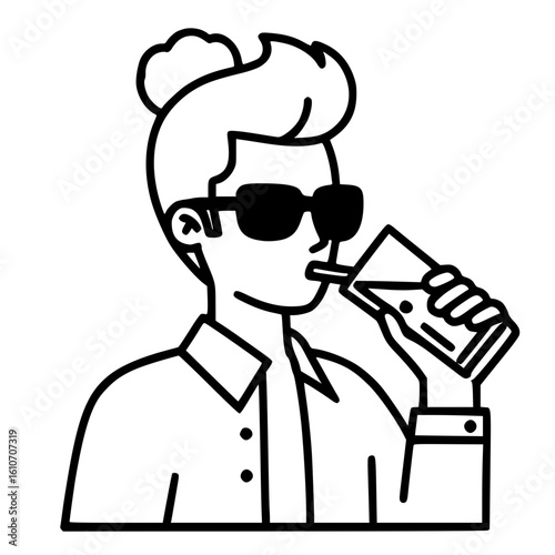 Man wearing sunglasses drinking from a bottle in black and white doodle illustration