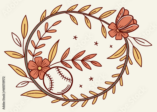 Baseball floral wreath with flowers and leaves vector