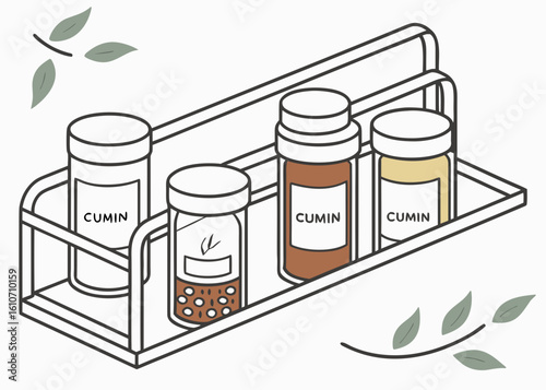 Four cumin spice jars on a rack with leaves kitchen