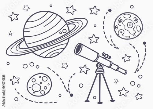 Hand drawn space scene with planets telescope and stars