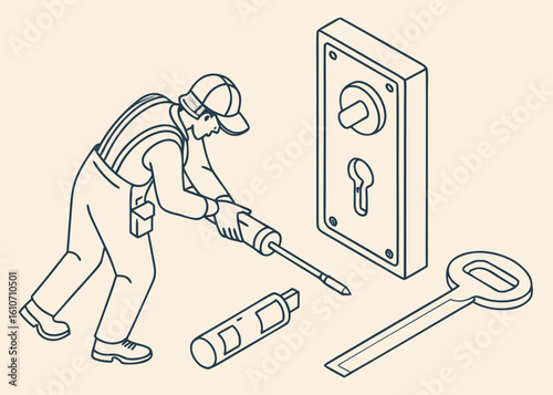 Locksmith working with tools and key on light background