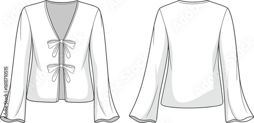 Stylish women's blouse CAD drawing, bow tie accents, long sleeves design, front and back technical sketch vector illustration fashion garment