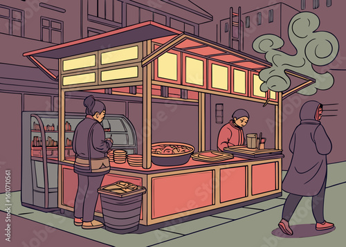 Night street food stall with customers and steam vendor