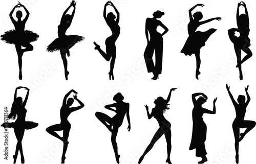 Ballet dancers performing graceful poses silhouettes
