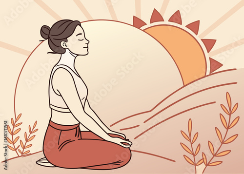 Woman meditating in lotus pose with sun and hills yoga