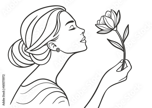 Woman smelling flower in profile line drawing face