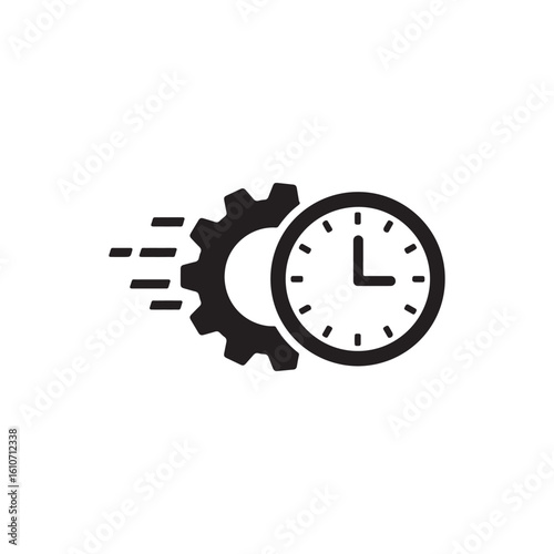 Fast service vector icon isolated on white background. Abstract technical symbol with gear and clock, urgent work concept.

