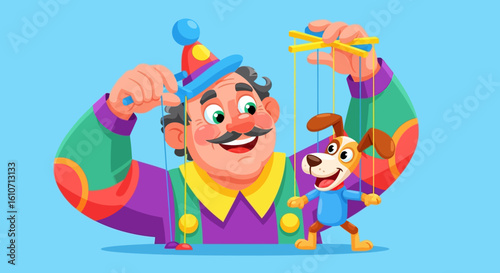 A man with a mustache controls a dog puppet with strings, wearing a colorful costume and hat.
