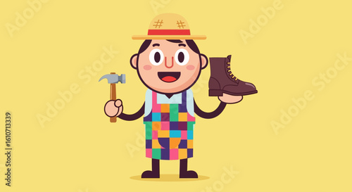 Cartoon shoemaker holding a hammer and boot, cheerful expression, colorful apron.