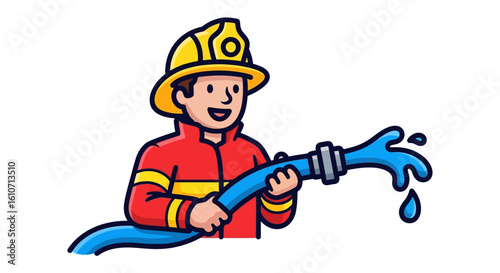 Cheerful cartoon firefighter bravely battling a blaze, wielding a water hose.