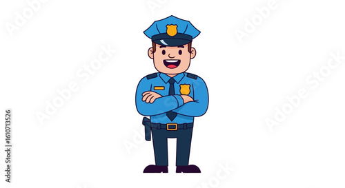 Cheerful cartoon police officer with arms crossed, standing confidently.