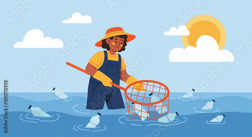 Woman in overalls uses a net to collect plastic bottles floating in the ocean under a bright sun.
