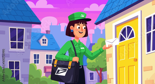 A smiling mail carrier delivers a letter to a yellow front door in a colorful neighborhood.