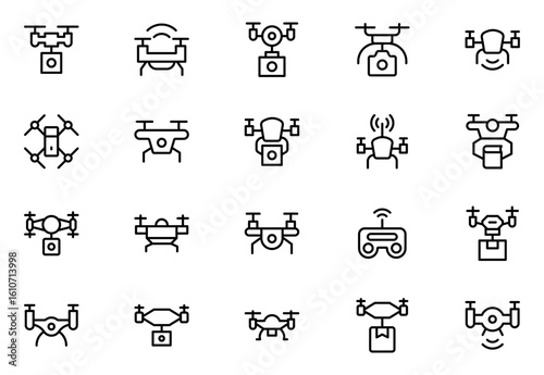 Drone Technology outline icon set. Contains linear outline icons like Quadrocopter, Propeller, Remote Control, Radar, Camera, Battery, Delivery, Copter.