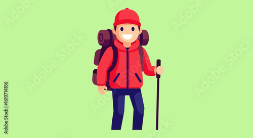 Cartoon illustration of a smiling hiker with a large backpack and trekking poles.