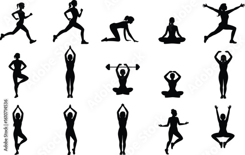 Female fitness yoga and exercise poses silhouette woman