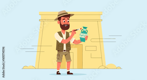 A male archaeologist carefully examining and cleaning an ancient artifact, with a temple in the background.