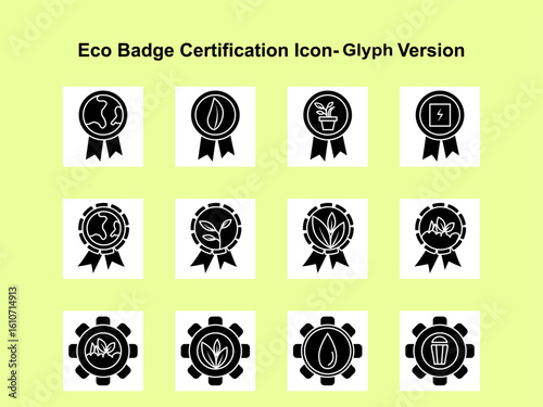 Solid eco badge icons for certifications, green product labels, and sustainability branding. Ideal for packaging, apps, or infographics. Vector format, fully editable.