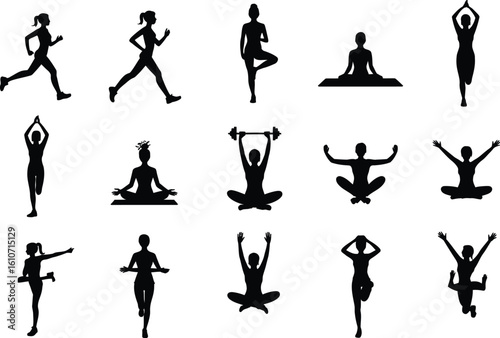 Silhouettes of women exercising and meditating running