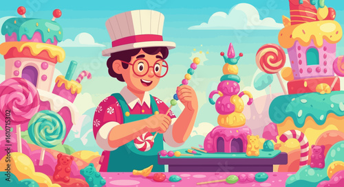 A cheerful confectioner builds a colorful candy tower with sweet treats.