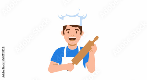 Smiling baker holding a rolling pin, ready to prepare dough.