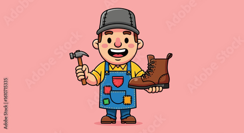 Cheerful cartoon shoemaker holding a hammer and a brown leather boot.