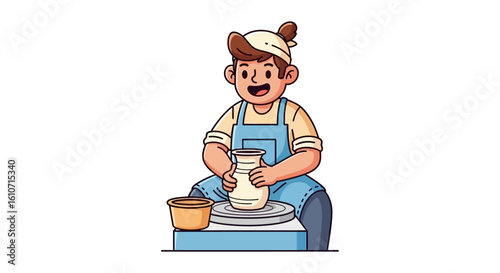 A smiling potter sits at a pottery wheel, shaping a vase with his hands. A pot sits beside him.