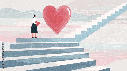 Self love concept, volunteering, aid fund, . Woman holding red heart standing on stairs on abstract background. Flat vector illustration of psychology, relationships.
