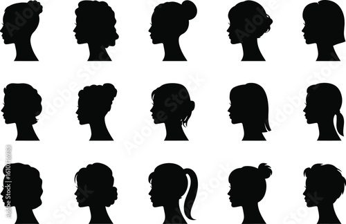 Female profile silhouettes diverse hairstyles head