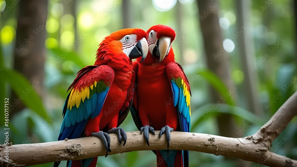 Obraz premium Two Scarlet Macaws Close-Up – Vibrant Tropical Birds Perched in Lush Jungle