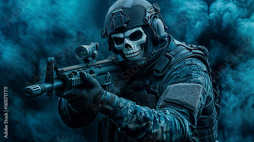 Special Forces Navy SEAL Commando with weapon and skull mask