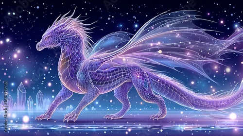 Majestic Purple Crystal Dragon with Flowing Wings in Starry Cosmic Landscape