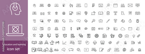 Education and learning icon set Outline vector icons related with education, success, academic subjects and more.
